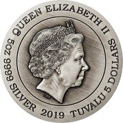 Tuvalu 5 Dollars Lunar Animals 2019  QUEEN ELIZABETH II IRB 5 OZ 9999 SILVER 2019 TUVALU 5 DOLLARS coin obverse Tuvalu 5 Dollars Lunar Animals 2019  QUEEN ELIZABETH II IRB 5 OZ 9999 SILVER 2019 TUVALU 5 DOLLARS coin obverse