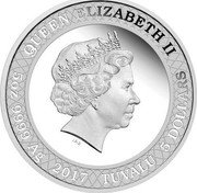 Tuvalu 5 Dollars (Tyrannosaurus Rex) QUEEN ELIZABETH II IRB 5 OZ 9999 AG 2017 TUVALU 5 DOLLARS coin obverse