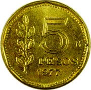Argentina 5 Pesos Radiant Sunface 1977 KM# 71 5 PESOS 1976 coin reverse Argentina 5 Pesos Radiant Sunface 1977 KM# 71 5 PESOS 1976 coin reverse
