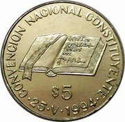 Argentina 5 Pesos National Constitution Convention 1994 KM# 115 CONVENCION NACIONAL CONSTITUYENTE $5 25 V 1994 coin reverse Argentina 5 Pesos National Constitution Convention 1994 KM# 115 CONVENCION NACIONAL CONSTITUYENTE $5 25 V 1994 coin reverse