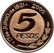 Argentina 5 Pesos General Martin Miguel de Guemes 2000 Proof KM# 148 17 DE JUNIO DE 1821 2000 5 PESOS coin reverse Argentina 5 Pesos General Martin Miguel de Guemes 2000 Proof KM# 148 17 DE JUNIO DE 1821 2000 5 PESOS coin reverse