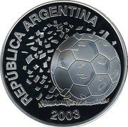 Argentina 5 Pesos XVIII World Championship Football 2003 Proof KM# 143 REPÚBLICA ARGENTINA 2003 coin obverse Argentina 5 Pesos XVIII World Championship Football 2003 Proof KM# 143 REPÚBLICA ARGENTINA 2003 coin obverse