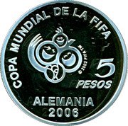 Argentina 5 Pesos XVIII World Football Championship 2004 Proof KM# 146 COPA MUNDIAL DE LA FIFA © 2002 FIFA TM 5 PESOS ALEMANIA 2006 coin reverse Argentina 5 Pesos XVIII World Football Championship 2004 Proof KM# 146 COPA MUNDIAL DE LA FIFA © 2002 FIFA TM 5 PESOS ALEMANIA 2006 coin reverse