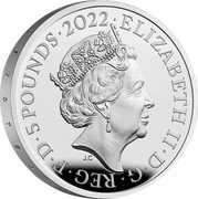 UK 5 Pounds (The Queen's Reign Flags) ELIZABETH II D G REG F D 5 POUNDS 2022 J.C coin obverse UK 5 Pounds (The Queen's Reign Flags) ELIZABETH II D G REG F D 5 POUNDS 2022 J.C coin obverse