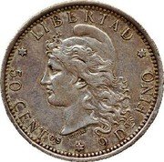 Argentina 50 Centavos Capped Liberty 1882 KM# 28 LIBERTAD 50 CENTOS 9 DOS FINO coin reverse Argentina 50 Centavos Capped Liberty 1882 KM# 28 LIBERTAD 50 CENTOS 9 DOS FINO coin reverse