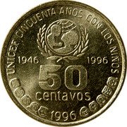 Argentina 50 Centavos 50th Anniversary of UNICEF 1996 KM# 119 UNICEF CINCUENTA AÑOS CON LOS NIÑOS 1946 1996 50 CENTAVOS 1996 coin reverse Argentina 50 Centavos 50th Anniversary of UNICEF 1996 KM# 119 UNICEF CINCUENTA AÑOS CON LOS NIÑOS 1946 1996 50 CENTAVOS 1996 coin reverse
