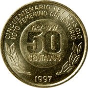Argentina 50 Centavos 50th Anniversary Women's Right to Vote 1997 KM# 121 CINCUENTENARIO LEY N° 13.010 VOTO FEMENINO OBLIGATORIO 1947-1997 50 CENTAVOS 1997 coin reverse Argentina 50 Centavos 50th Anniversary Women's Right to Vote 1997 KM# 121 CINCUENTENARIO LEY N° 13.010 VOTO FEMENINO OBLIGATORIO 1947-1997 50 CENTAVOS 1997 coin reverse