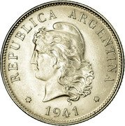 Argentina 50 Centavos Capped Liberty 1941 KM# 39 REPUBLICA ARGENTINA 1941 coin obverse Argentina 50 Centavos Capped Liberty 1941 KM# 39 REPUBLICA ARGENTINA 1941 coin obverse