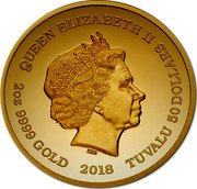Tuvalu 50 Dollars Whisky Vatted Glenlivet 2018  Proof KM# 411 QUEEN ELIZABETH II 2 OZ 9999 GOLD 2018 TUVALU 50 DOLLARS IRB coin obverse Tuvalu 50 Dollars Whisky Vatted Glenlivet 2018  Proof KM# 411 QUEEN ELIZABETH II 2 OZ 9999 GOLD 2018 TUVALU 50 DOLLARS IRB coin obverse