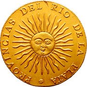 Argentina 8 Escudos Radiant Sunface Rio de la Plata 1813 PTS J KM# 9 PROVINCIAS DEL RIO DE LA PLATA coin obverse Argentina 8 Escudos Radiant Sunface Rio de la Plata 1813 PTS J KM# 9 PROVINCIAS DEL RIO DE LA PLATA coin obverse