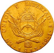 Argentina 8 Escudos Radiant Sunface Rio de la Plata 1813 PTS J KM# 9 EN UNION Y LIBERTAD PTS J 8S 1813 coin reverse Argentina 8 Escudos Radiant Sunface Rio de la Plata 1813 PTS J KM# 9 EN UNION Y LIBERTAD PTS J 8S 1813 coin reverse