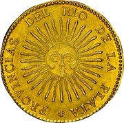 Argentina 8 Escudos Radiant Sunface Rio de la Plata 1832 RA P KM# 21 PROVINCIAS DEL RIO DE LA PLATA coin obverse Argentina 8 Escudos Radiant Sunface Rio de la Plata 1832 RA P KM# 21 PROVINCIAS DEL RIO DE LA PLATA coin obverse