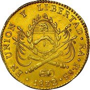Argentina 8 Escudos Radiant Sunface Rio de la Plata 1832 RA P KM# 21 EN UNION Y LIBERTAD RA P 8S 1835 coin reverse Argentina 8 Escudos Radiant Sunface Rio de la Plata 1832 RA P KM# 21 EN UNION Y LIBERTAD RA P 8S 1835 coin reverse