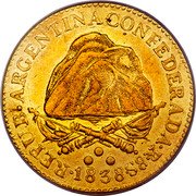 Argentina 8 Escudos Mountains 1838 R KM# 9 8 S R REPUB ARGENTINA CONFEDERADA coin obverse Argentina 8 Escudos Mountains 1838 R KM# 9 8 S R REPUB ARGENTINA CONFEDERADA coin obverse