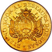 Argentina 8 Escudos Mountains 1838 R KM# 9 ETERNO LOOR AL RESTAURADOR ROSAS coin reverse Argentina 8 Escudos Mountains 1838 R KM# 9 ETERNO LOOR AL RESTAURADOR ROSAS coin reverse