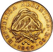 Argentina 8 Escudos Mountains 1840 R KM# 11 1840 8 S R REPUBLICA ARGENTINA coin obverse Argentina 8 Escudos Mountains 1840 R KM# 11 1840 8 S R REPUBLICA ARGENTINA coin obverse