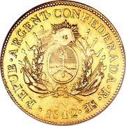 Argentina 8 Escudos General Rosas 1842 R KM# 14 REPUB ARGENT CONFEDERADA R 8E 1842 coin obverse Argentina 8 Escudos General Rosas 1842 R KM# 14 REPUB ARGENT CONFEDERADA R 8E 1842 coin obverse