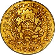 Argentina 8 Escudos General Rosas 1845 B KM# 19 8 E REPUB ARGENT CONFEDERADA R 1845 B coin obverse Argentina 8 Escudos General Rosas 1845 B KM# 19 8 E REPUB ARGENT CONFEDERADA R 1845 B coin obverse