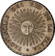 Argentina 8 Reales Radiant Sunface Rio de la Plata 1813 PTS J KM# 5 PROVINCIAS DEL RIO DE LA PLATA coin obverse Argentina 8 Reales Radiant Sunface Rio de la Plata 1813 PTS J KM# 5 PROVINCIAS DEL RIO DE LA PLATA coin obverse