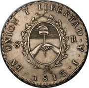 Argentina 8 Reales Radiant Sunface Rio de la Plata 1813 PTS J KM# 5 EN UNION Y LIBERTAD PTS J 1813 8 R coin reverse Argentina 8 Reales Radiant Sunface Rio de la Plata 1813 PTS J KM# 5 EN UNION Y LIBERTAD PTS J 1813 8 R coin reverse