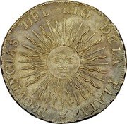 Argentina 8 Reales Radiant Sunface Rio de la Plata 1815 PTS F KM# 14 PROVINCIAS DEL RIO DELA PLATA coin obverse Argentina 8 Reales Radiant Sunface Rio de la Plata 1815 PTS F KM# 14 PROVINCIAS DEL RIO DELA PLATA coin obverse