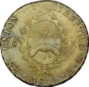 Argentina 8 Reales Radiant Sunface Rio de la Plata 1815 PTS F KM# 14 EN UNION Y LIBERTAD PTS F 1815 8 R coin reverse Argentina 8 Reales Radiant Sunface Rio de la Plata 1815 PTS F KM# 14 EN UNION Y LIBERTAD PTS F 1815 8 R coin reverse