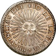 Argentina 8 Reales Radiant Sunface Rio de la Plata 1832 RA P 7 laurel pairs KM# 20 PROVINCIAS DEL RIO DE LA PLATA coin obverse Argentina 8 Reales Radiant Sunface Rio de la Plata 1832 RA P 7 laurel pairs KM# 20 PROVINCIAS DEL RIO DE LA PLATA coin obverse