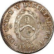 Argentina 8 Reales Radiant Sunface Rio de la Plata 1832 RA P 7 laurel pairs KM# 20 EN UNION Y LIBERTAD RA P 8 R 1932 coin reverse Argentina 8 Reales Radiant Sunface Rio de la Plata 1832 RA P 7 laurel pairs KM# 20 EN UNION Y LIBERTAD RA P 8 R 1932 coin reverse