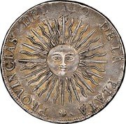 Argentina 8 Soles Radiant Sunface Rio de la Plata 1815 PTS FL KM# 15 PROVINCIAS DEL RIO DE LA PLATA coin obverse Argentina 8 Soles Radiant Sunface Rio de la Plata 1815 PTS FL KM# 15 PROVINCIAS DEL RIO DE LA PLATA coin obverse