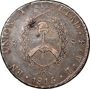 Argentina 8 Soles Radiant Sunface Rio de la Plata 1815 PTS FL KM# 15 UNION Y LIBERTAD PTS F L 1815 8 S coin reverse Argentina 8 Soles Radiant Sunface Rio de la Plata 1815 PTS FL KM# 15 UNION Y LIBERTAD PTS F L 1815 8 S coin reverse
