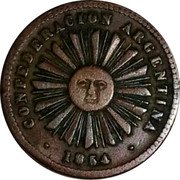 Argentina Centavo Radiant Sunface 1854 KM# 23 CONFEDERACION ARGENTINA 1854 coin obverse Argentina Centavo Radiant Sunface 1854 KM# 23 CONFEDERACION ARGENTINA 1854 coin obverse