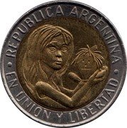 Argentina Peso 50th Anniversary of UNICEF 1996 KM# 120 REPUBLICA ARGENTINA EN UNION Y LIBERTAD coin obverse Argentina Peso 50th Anniversary of UNICEF 1996 KM# 120 REPUBLICA ARGENTINA EN UNION Y LIBERTAD coin obverse