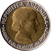 Argentina Peso 50th Anniversary Women's Suffrage Law 1997 KM# 122 REPUBLICA ARGENTINA MARIA EVA DUARTE DE PERON coin obverse Argentina Peso 50th Anniversary Women's Suffrage Law 1997 KM# 122 REPUBLICA ARGENTINA MARIA EVA DUARTE DE PERON coin obverse