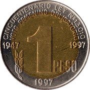 Argentina Peso 50th Anniversary Women's Suffrage Law 1997 KM# 122 CINCUENTENARIO LEY NO13.010 VOTO FEMENINO OBLIGATORIO 1947 1997 1 PESO 1997 coin reverse Argentina Peso 50th Anniversary Women's Suffrage Law 1997 KM# 122 CINCUENTENARIO LEY NO13.010 VOTO FEMENINO OBLIGATORIO 1947 1997 1 PESO 1997 coin reverse