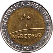 Argentina Peso Mercosur 1998 KM# 125 REPUBLICA ARGENTINA MERCOSUR DEMOCRACIA PAZ INTEGRACION coin obverse Argentina Peso Mercosur 1998 KM# 125 REPUBLICA ARGENTINA MERCOSUR DEMOCRACIA PAZ INTEGRACION coin obverse