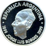 Argentina Peso Jorge Luis Borges 100th Anniversary of Birth 1999 Proof KM# 127 REPUBLICA ARGENTINA 1899 JORGE LUIS BORGES 1999 coin obverse Argentina Peso Jorge Luis Borges 100th Anniversary of Birth 1999 Proof KM# 127 REPUBLICA ARGENTINA 1899 JORGE LUIS BORGES 1999 coin obverse