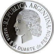 Argentina Peso Maria Eva Duarte de Peron 2002 Proof KM# 141 REPUBLICA ARGENTINA MARIA EVA DUARTE DE PERON coin obverse