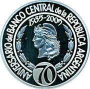 Argentina Peso 70th Anniversary of Central Bank 2005 Proof KM# 140 70 ANIVERSARIO DEL BANCO CENTRAL DE LA REPÚBLICA ARGENTINA 1935-2005 coin reverse