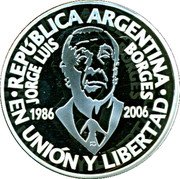 Argentina Peso Jorge Luis Borges 2006 A KM# 155 REPUBLICA ARGENTINA EN UNION Y LIBERTAD JORGE LUIS BORGES 1986-2006 coin obverse Argentina Peso Jorge Luis Borges 2006 A KM# 155 REPUBLICA ARGENTINA EN UNION Y LIBERTAD JORGE LUIS BORGES 1986-2006 coin obverse