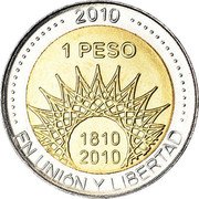 Argentina Peso Bicentennial Aconcagua 2010 KM# 157 2010 1 PESO 1810 2010 EN UNIÓN Y LIBERTAD coin reverse Argentina Peso Bicentennial Aconcagua 2010 KM# 157 2010 1 PESO 1810 2010 EN UNIÓN Y LIBERTAD coin reverse