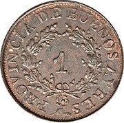 Argentina Real Wreath Buenos Aires 1854 KM# 10 PROVINCIA DE BUENOS AYRES 1 coin obverse Argentina Real Wreath Buenos Aires 1854 KM# 10 PROVINCIA DE BUENOS AYRES 1 coin obverse