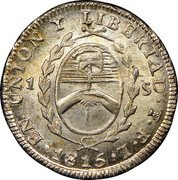Argentina Sol Radiant Sunface Rio de la Plata 1815 PTS FL KM# 11 EN UNION Y LIBERTAD PTS F L 1815 coin reverse Argentina Sol Radiant Sunface Rio de la Plata 1815 PTS FL KM# 11 EN UNION Y LIBERTAD PTS F L 1815 coin reverse