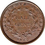Malaysia Half Cent Victoria Straits Settlements 1845 KM# 2 EAST INDIA COMPANY HALF CENT 1845 coin reverse