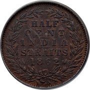Malaysia Half Cent Victoria Straits Settlements 1862 KM# 5 HALF CENT INDIA STRAITS 1862 coin reverse Malaysia Half Cent Victoria Straits Settlements 1862 KM# 5 HALF CENT INDIA STRAITS 1862 coin reverse