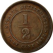Malaysia 1/2 Cent Victoria Straits Settlements 1872 H KM# 8 STRAITS SETTLEMENTS 1/2 HALF CENT 1872 coin reverse Malaysia 1/2 Cent Victoria Straits Settlements 1872 H KM# 8 STRAITS SETTLEMENTS 1/2 HALF CENT 1872 coin reverse