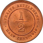 Malaysia 1/2 Cent George V Straits Settlements 1916 KM# 28 STRAITS SETTLEMENTS 1/2 HALF CENT 1916 coin reverse Malaysia 1/2 Cent George V Straits Settlements 1916 KM# 28 STRAITS SETTLEMENTS 1/2 HALF CENT 1916 coin reverse