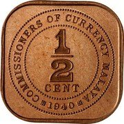 Malaysia 1/2 Cent George VI 1940 KM# 1 COMMISSIONERS OF CURRENCY MALAYA 1/2 CENT 1940 coin reverse Malaysia 1/2 Cent George VI 1940 KM# 1 COMMISSIONERS OF CURRENCY MALAYA 1/2 CENT 1940 coin reverse