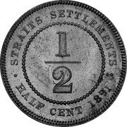 Malaysia 1/2 Cent Victoria Trial Strike 1891  KM#Pn7 KM# Pn7 STRAITS SETTLEMENTS 1/2 HALF CENT 1891 coin reverse Malaysia 1/2 Cent Victoria Trial Strike 1891  KM#Pn7 KM# Pn7 STRAITS SETTLEMENTS 1/2 HALF CENT 1891 coin reverse