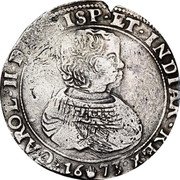 Netherlands 1/2 Ducaton Charles II 1673 Angel CAROL II D G HISP ET INDIAR REX 1673 coin obverse Netherlands 1/2 Ducaton Charles II 1673 Angel CAROL II D G HISP ET INDIAR REX 1673 coin obverse