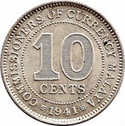 Malaysia 10 Cents George VI Malaya 1941 KM# 4 COMMISSIONNERS OF CURRENCY MALAYA 10 CENTS 1941 coin reverse Malaysia 10 Cents George VI Malaya 1941 KM# 4 COMMISSIONNERS OF CURRENCY MALAYA 10 CENTS 1941 coin reverse